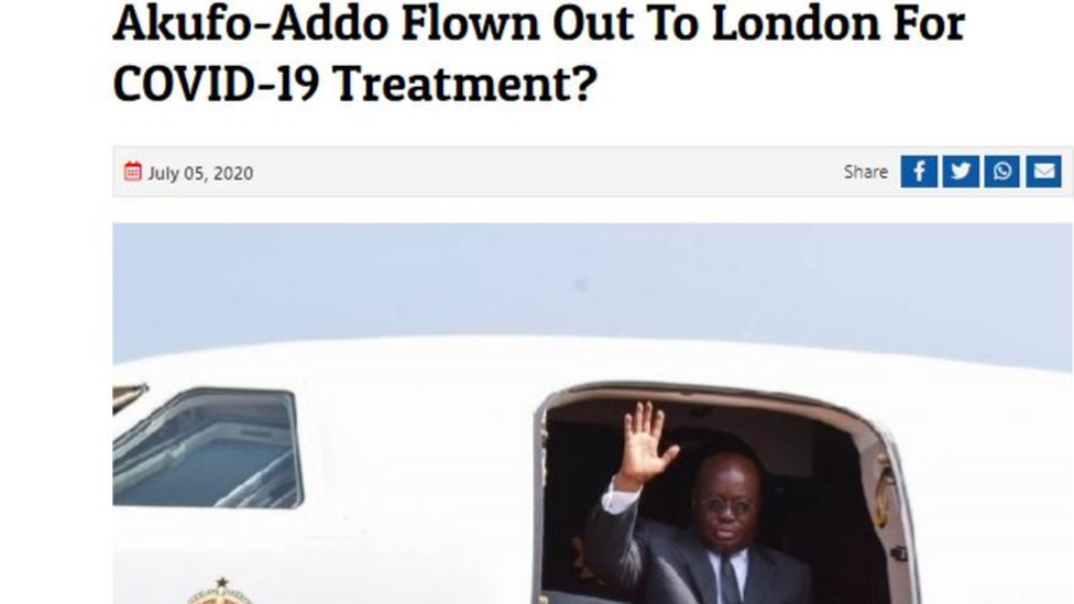 Headline saying Ghana President flies to UK for Covid treatment